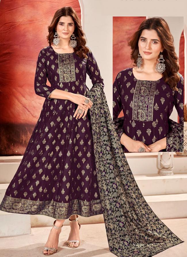 Rayon Wine Casual Wear Foil Printed Gown With Dupatta